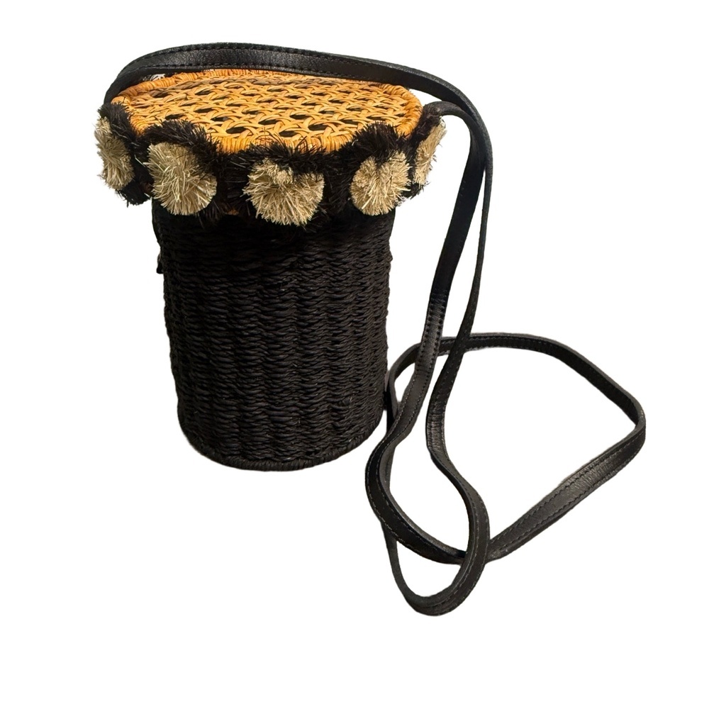 Serpui Evening Bag Woven Raffia Wicker Crossbody Cylindrical PomPom $399 Brazil